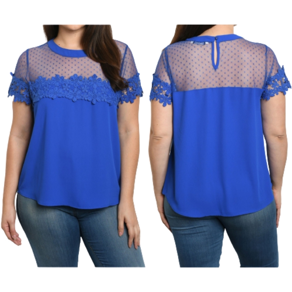 Angela Plus Blue Blouse Illusion Neckline Lace Polka-Dots NWT
